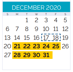 District School Academic Calendar for Westbank Pre-k Center for December 2020