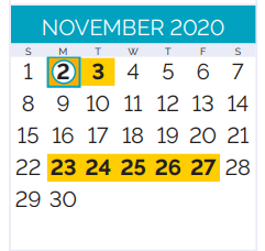 District School Academic Calendar for Bridge City Elementary School for November 2020