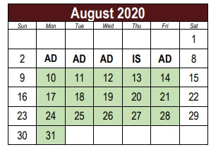 District School Academic Calendar for Woodland Elementary School for August 2020