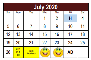 District School Academic Calendar for Lake Ridge Elementary School for July 2020