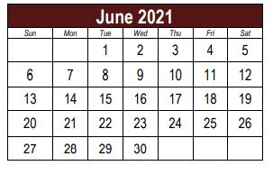 District School Academic Calendar for Lake Ridge Elementary School for June 2021