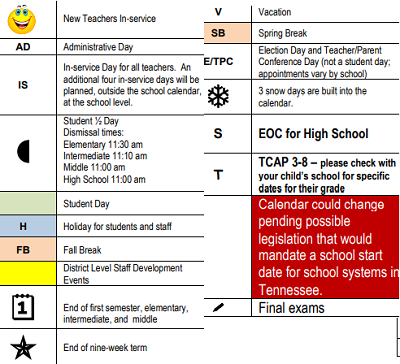 District School Academic Calendar Legend for Cherokee Elementary School