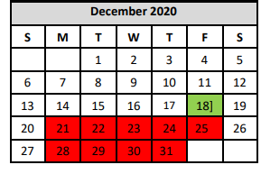 District School Academic Calendar for Judson Learning Acad for December 2020