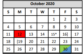 District School Academic Calendar for Bexar Co J J A E P for October 2020