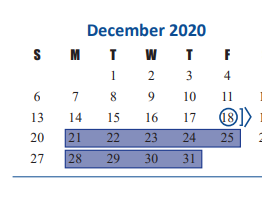 District School Academic Calendar for Project Tyke for December 2020