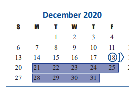 District School Academic Calendar for West Memorial Elementary for December 2020