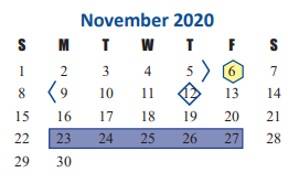 District School Academic Calendar for Opport Awareness Ctr for November 2020