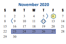 District School Academic Calendar for Joella Exley Elementary for November 2020