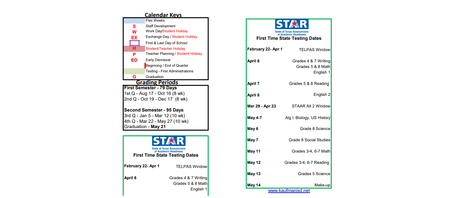 District School Academic Calendar Key for Kaufman H S