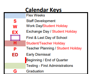 District School Academic Calendar Legend for Monday Primary