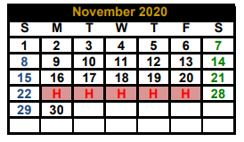District School Academic Calendar for Monday Primary for November 2020