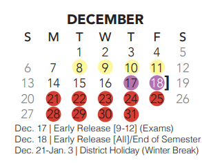 District School Academic Calendar for Keller Middle for December 2020