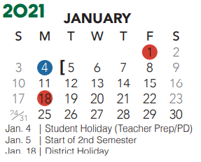 District School Academic Calendar for New Direction Lrn Ctr for January 2021