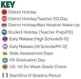 District School Academic Calendar Legend for Bear Creek Intermediate