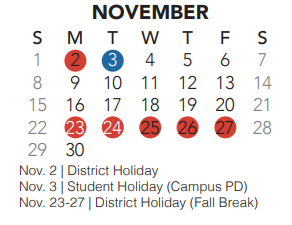 District School Academic Calendar for Heritage Elementary for November 2020