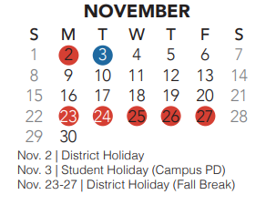 District School Academic Calendar for North Riverside Elementary for November 2020