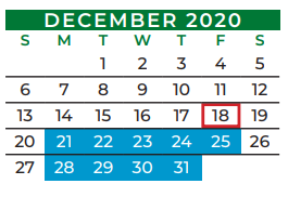 District School Academic Calendar for Kennedale J H for December 2020