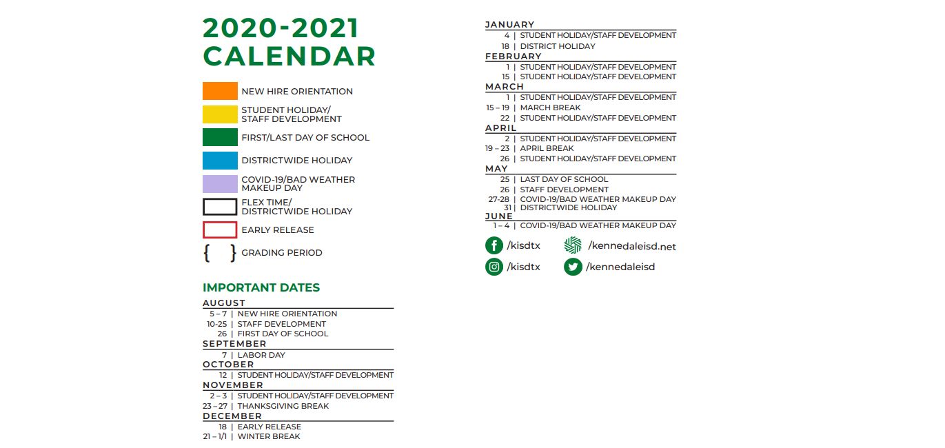 District School Academic Calendar Key for Kennedale J H