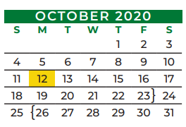 District School Academic Calendar for Kennedale J H for October 2020