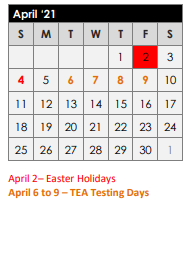 District School Academic Calendar for Elder Coop Alter School for April 2021