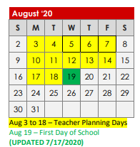 District School Academic Calendar for Maude Laird Middle for August 2020
