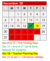 District School Academic Calendar for Kilgore H S for December 2020