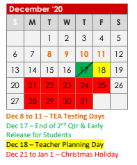 District School Academic Calendar for Kilgore Heights El for December 2020