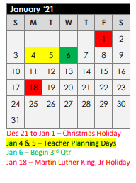 District School Academic Calendar for Kilgore H S for January 2021