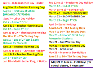 District School Academic Calendar Legend for Kilgore H S