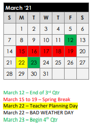 District School Academic Calendar for Kilgore H S for March 2021