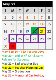 District School Academic Calendar for Chandler Elementary for May 2021