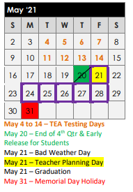 District School Academic Calendar for Kilgore Heights El for May 2021