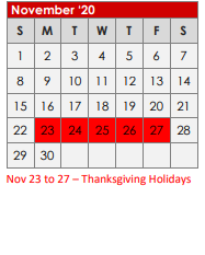 District School Academic Calendar for Kilgore H S for November 2020