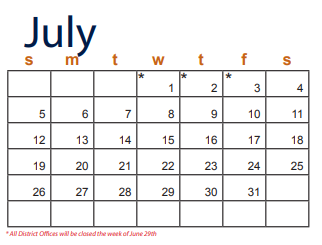 District School Academic Calendar for East Ward Elementary for July 2020