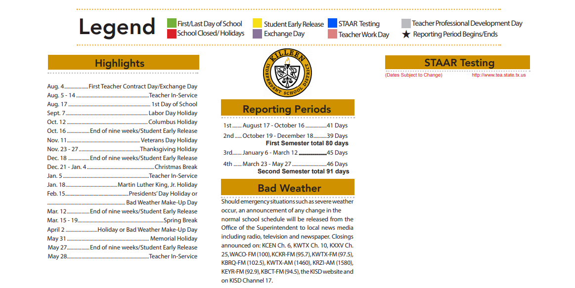 District School Academic Calendar Key for Bellaire Elementary