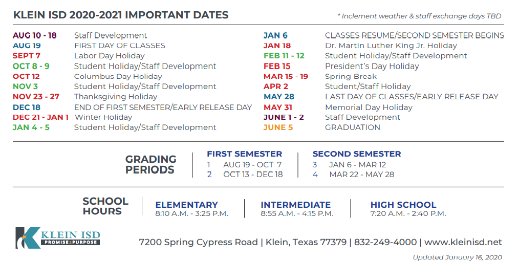 District School Academic Calendar Key for Klein Collins High School