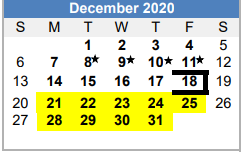District School Academic Calendar for La Vernia Primary for December 2020