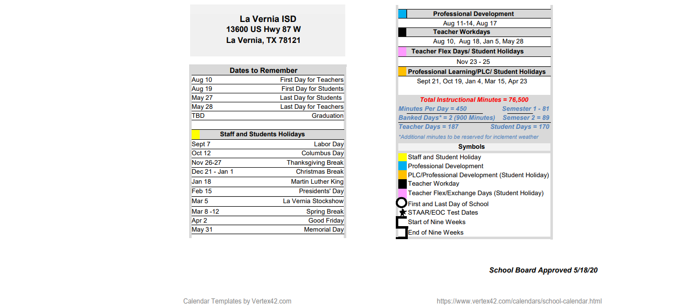 District School Academic Calendar Key for La Vernia Primary