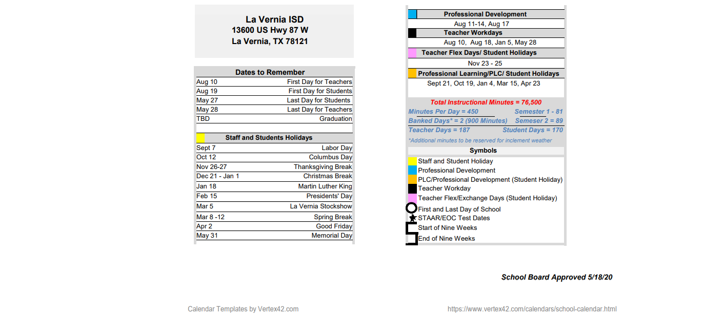 District School Academic Calendar Key for Floresville Choice Program