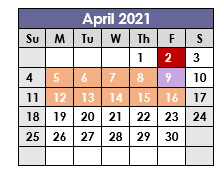 District School Academic Calendar for Tarrant Co Juvenile Justice Ctr for April 2021