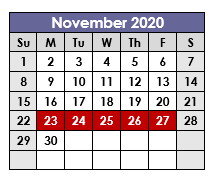 District School Academic Calendar for Tarrant Co Juvenile Justice Ctr for November 2020