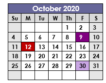 District School Academic Calendar for Tarrant Co Juvenile Justice Ctr for October 2020