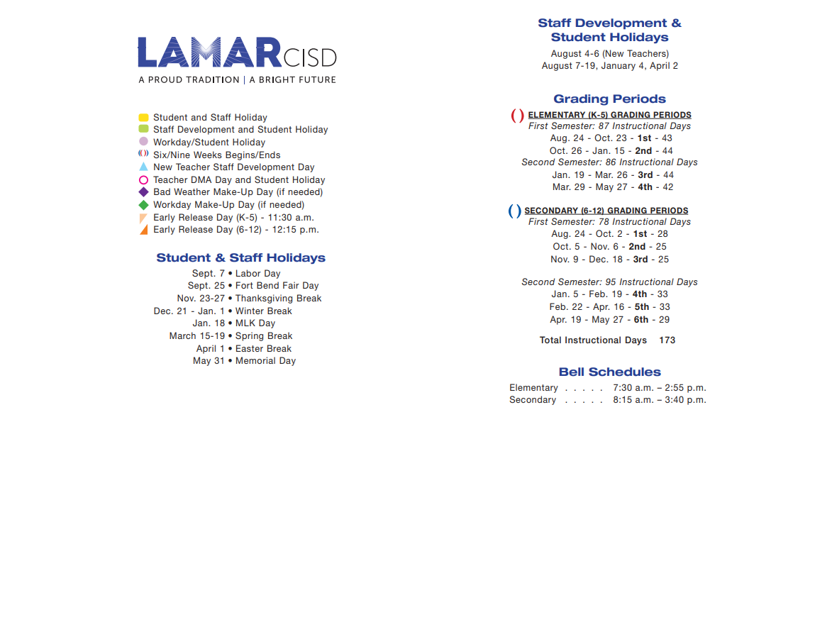 District School Academic Calendar Key for Lamar Junior High