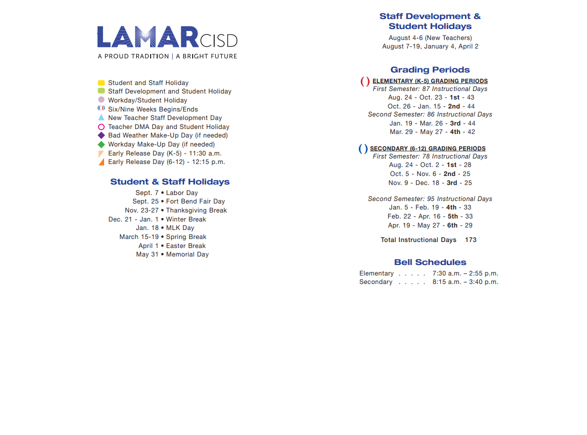 Wessendorff Middle School District Instructional Calendar Lamar