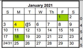 District School Academic Calendar for Westside Elementary for January 2021