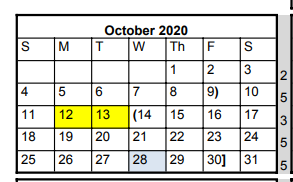 District School Academic Calendar for New Hope High School for October 2020