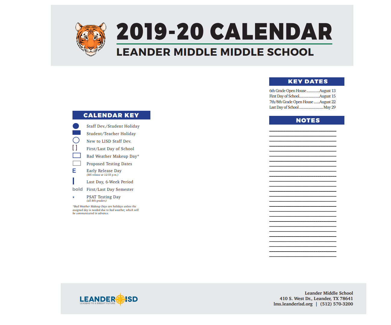 District School Academic Calendar Key for Leander Middle School