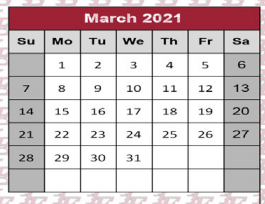 District School Academic Calendar for Juvenile Justice Detention Ctr for March 2021