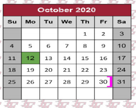District School Academic Calendar for Juvenile Justice Detention Ctr for October 2020