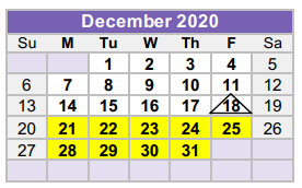 District School Academic Calendar for Williamson Co Academy for December 2020